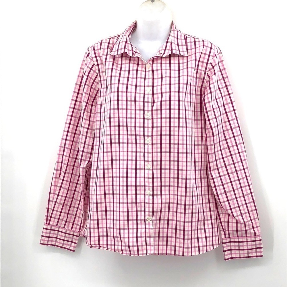 Lands’ Ens No Iron 100% Supima Cotton Size 14 Button Down Plaid Top Baumwolle